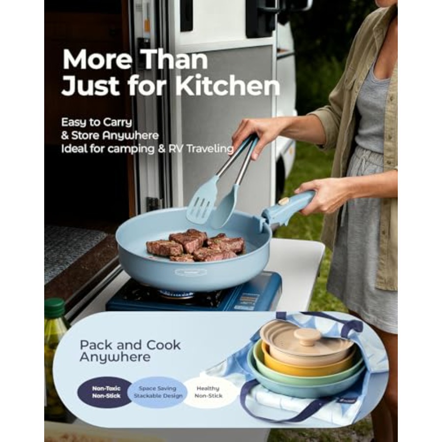 طقم أواني طهي سيراميك، قدور وم - مراجعة Camping Cooking Set Detachable Handle وسعره
