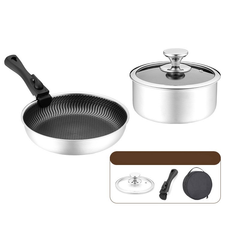 6 قطعة 3-ply الفولاذ المقاوم ل - مراجعة Camping Cooking Set Detachable Handle وسعره