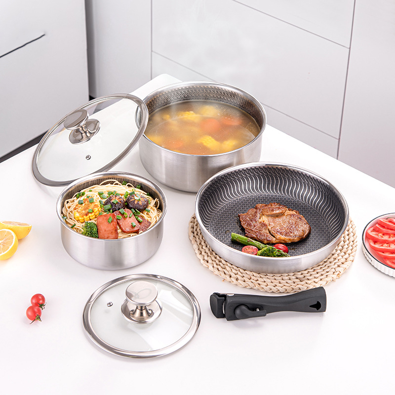 6 قطعة 3-ply الفولاذ المقاوم ل - مراجعة Camping Cooking Set Detachable Handle وسعره